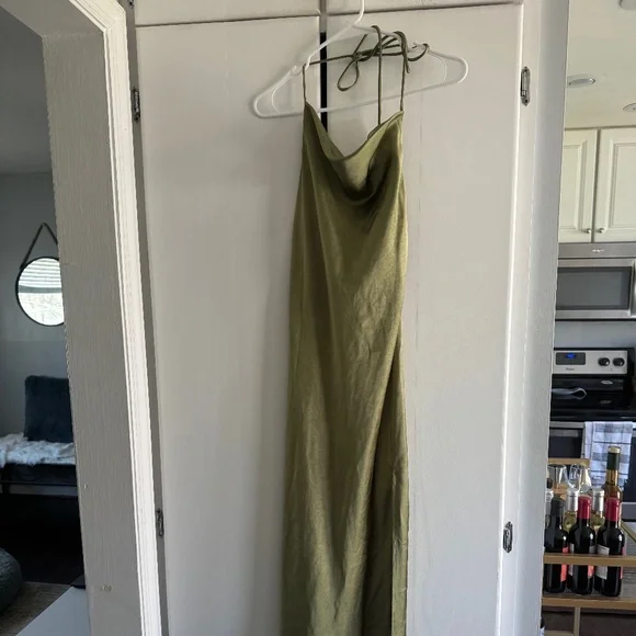 Princess Polly | Dresses | Olive Green Cowl Neck Spaghetti Strap Midi Dress  With Slit | Poshmark